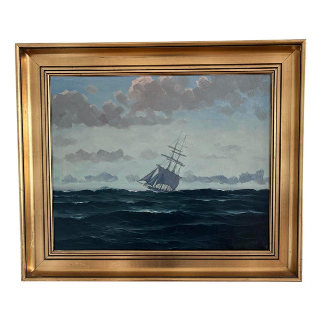 Seascape with Sailing Ship, Oil Painting, Framed For Sale