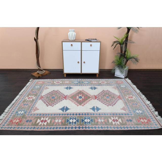 Abstract 1970s Vintage Turkish Oushak Handmade Wool Cotton Beige Area Rug For Sale - Image 3 of 12