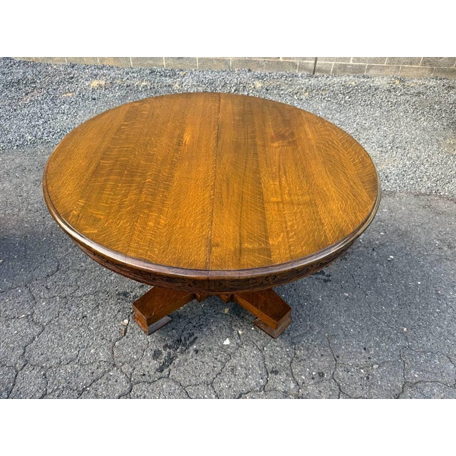 Early 20th Century Antique Hand Carved Tiger Oak Pedestal Base Dining Table. For Sale - Image 5 of 17