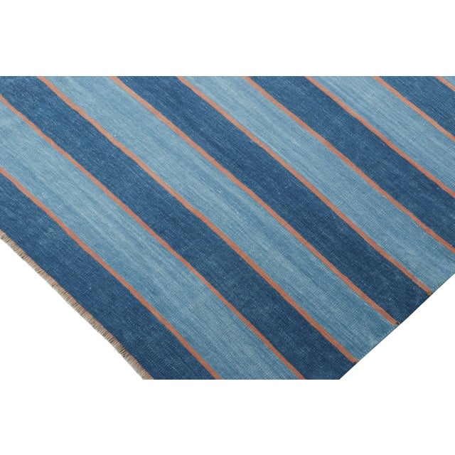 Traditional Vintage Dhurrie Rug With Navy and Sky Blue Stripes, Pink Accents - Rug & Kilim For Sale - Image 3 of 7