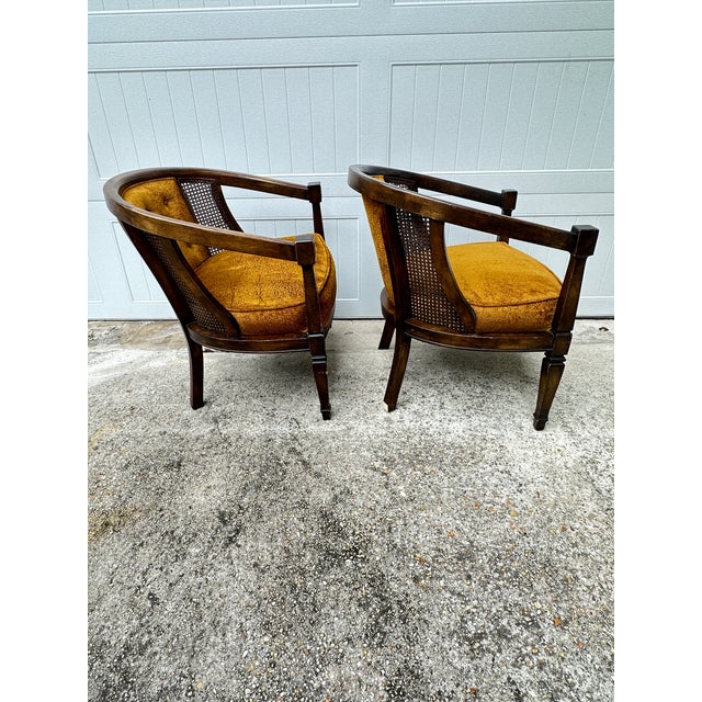 Vintage Velvet, Wood and Cane Barrel Chairs-a Pair For Sale - Image 11 of 11