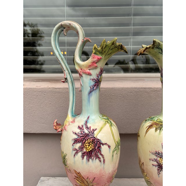 Art Nouveau Large 19th Century Pair of Ewers Thistles Vases Delphin Massier For Sale - Image 3 of 9