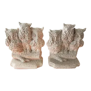 Pair of Vintage Pink Speckled Chalkware Owls, Hear No, See No Speak No Evil Bookends
