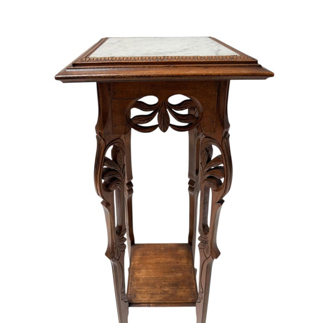 Art Nouveau Pedestal Plant Stand in Hand-Carved Beech & Marble, 1900s For Sale - Image 3 of 10