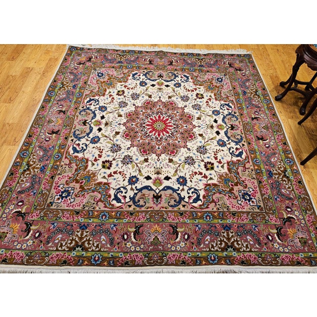 Ivory Vintage Persian Tabriz Square Area Rug, Hand-Knotted Wool & Silk, Fine Medallion Floral Pattern, Ivory & Pale Pink, 7x7 For Sale - Image 8 of 16
