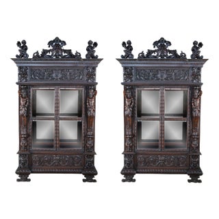 Pair Monumental Antique Italian Renaissance Figural Mahogany Bookcases Curio Cabinet For Sale
