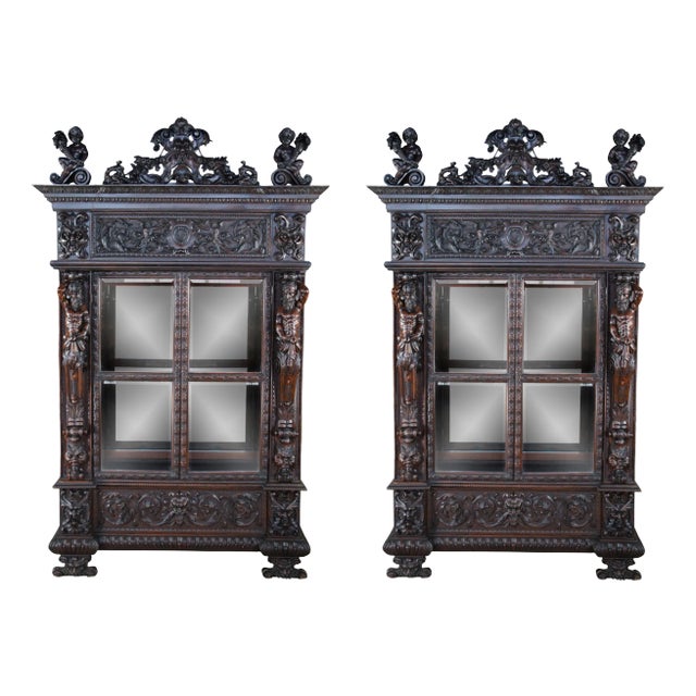 Pair Monumental Antique Italian Renaissance Figural Mahogany Bookcases Curio Cabinet For Sale