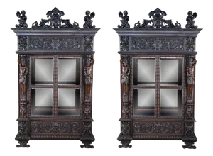 Pair Monumental Antique Italian Renaissance Figural Mahogany Bookcases Curio Cabinet