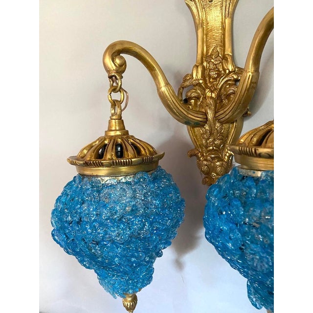 1980 French Louis XVI Bronze Blue Crystal Wall Lamps Sconces - Pair of 2 Pc For Sale - Image 6 of 11