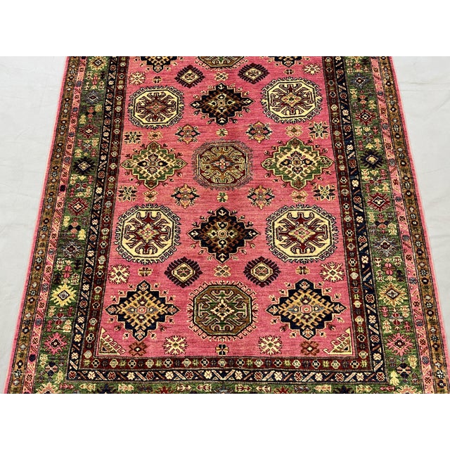 Art Deco Pink Kazak Tribal Rug With Green Border, 4'11" X 6'8" For Sale - Image 3 of 13