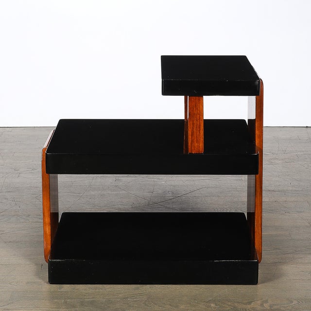 Wood Art Deco Machine Age Three-Tier Black Lacquer & Walnut Side Table For Sale - Image 7 of 14