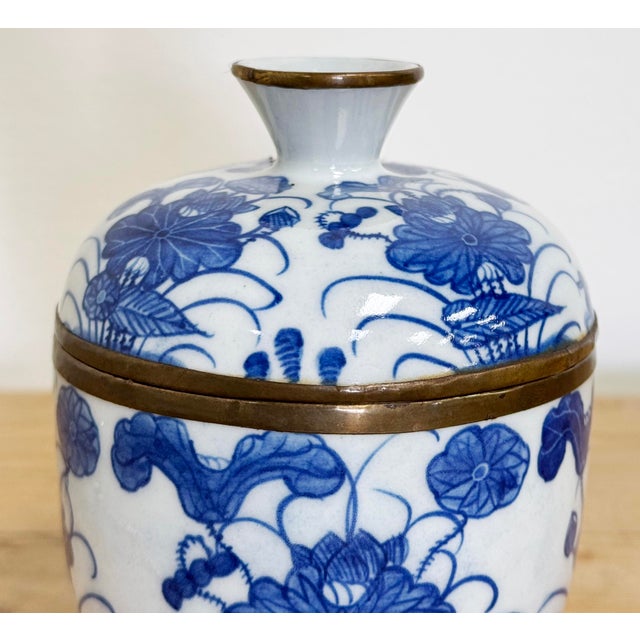 Mid 20th Century Vintage Porcelain Blue and White Floral Motif Lidded Jar For Sale - Image 5 of 6