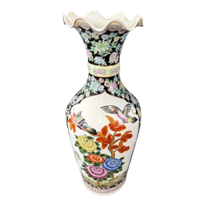 Late 20th Century Monumental Asian Palace Vases With Birds and Flowers With Yellow Banding