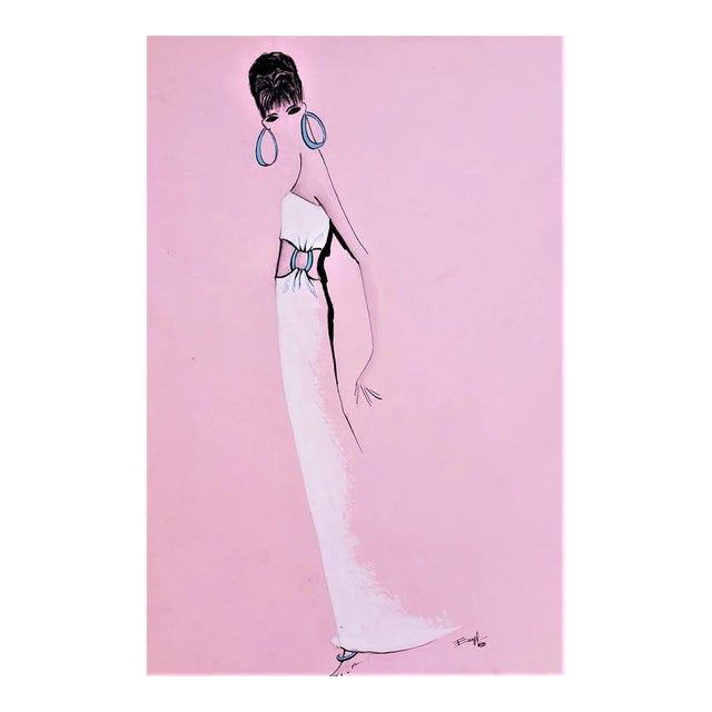 1960s Large Mid-Century Italian Fashion Drawing in Watercolor For Sale