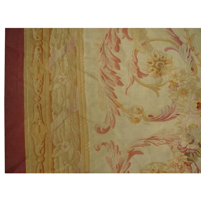 Late 19th Century 1870s Beige Floral Medallion Antique French Aubusson Rug 13'6" X 14'9" Flatweave Wool Carpet For Sale - Image 5 of 8