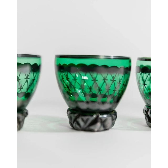 Vintage Green Murano Glass Liqueur Decanter and Glasses with Hand-Painted Silver Decor, Italy, 1930s, Set of For Sale - Image 6 of 11