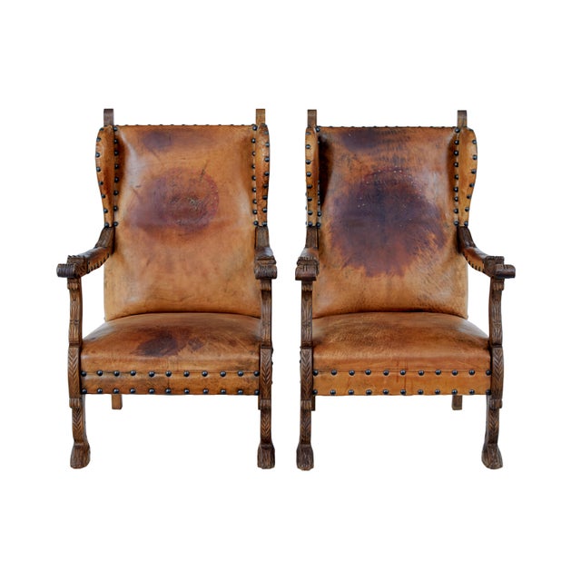 Carved Oak and Leather Armchairs, 1890, Set of 2 For Sale - Image 10 of 10