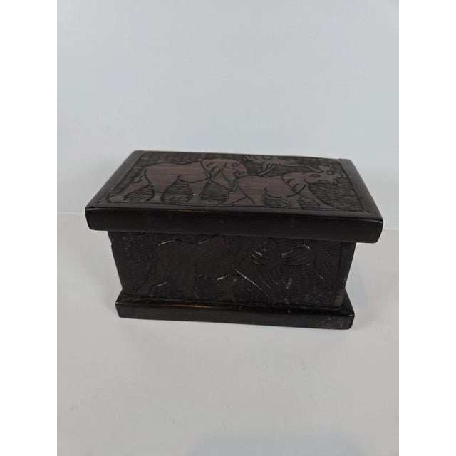 Vintage Hand-Carved Dark Wood Elephant Trinket Jewelry Box Hinged Safari Decor For Sale - Image 12 of 18