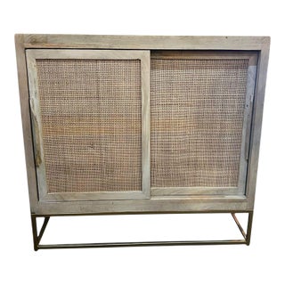 Natural Wood & Rattan Sliding Door Cabinet With Brass Base For Sale