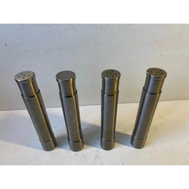 Vintage Minimalist Salt Shakers and Pepper Mill in Stainless Steel, Set of 4 For Sale - Image 4 of 6
