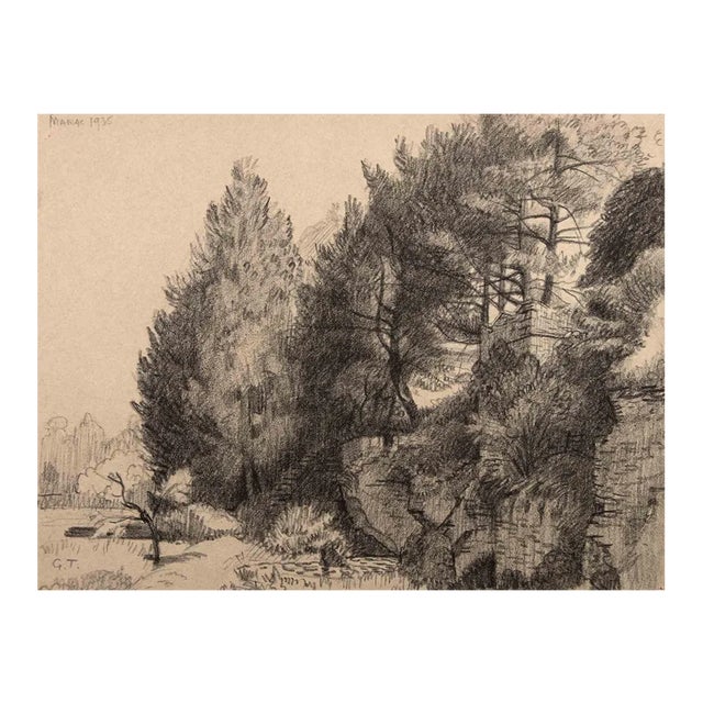 Georges-Henri Tribout, Landscape with Trees, Original Drawing, 1940 For Sale