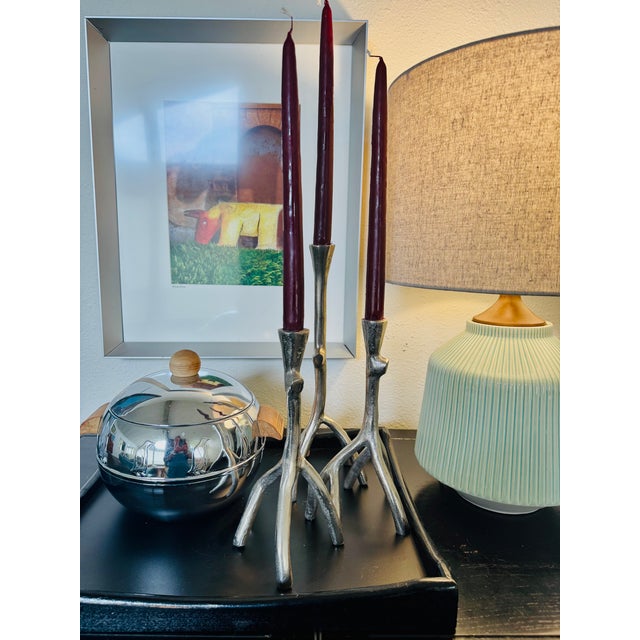Mid-Century Modern Set of Three Mid-Century Modern Branch-Form Silvered Metal Candlesticks With Burgundy Tapers For Sale - Image 3 of 9