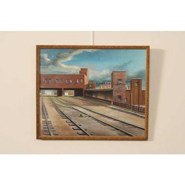 Original Oil on Canvas Artwork by Jan Rithamer (Danish/American, 1944-1995), 'Depot', Industrial Train Yard, Signed and...
