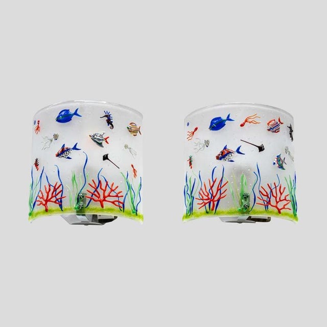 Pair of white colour Murano glass aquarium wall lights. Blown Murano glass white with hand applied multicoloured glass...