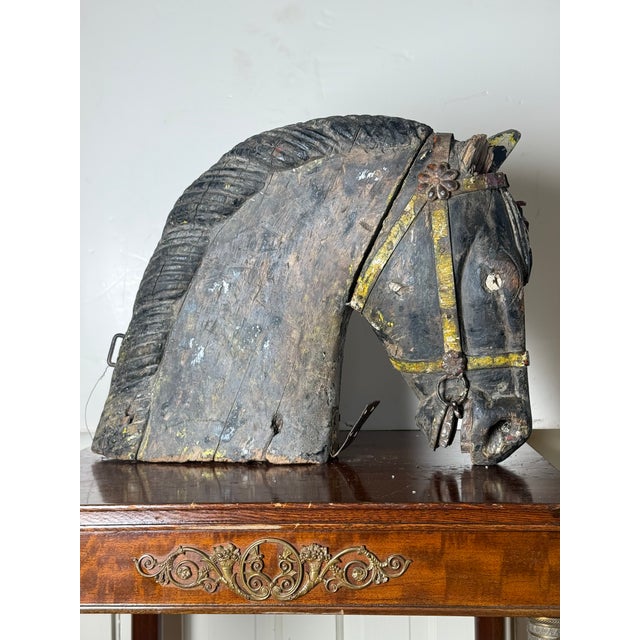 Mid 19th Century Antique Hand-Carved Wooden Carousel Horse Head For Sale - Image 5 of 10