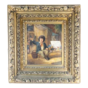 19th Century Fine German Oil Painting of a Young Street Merchant Signed Berger