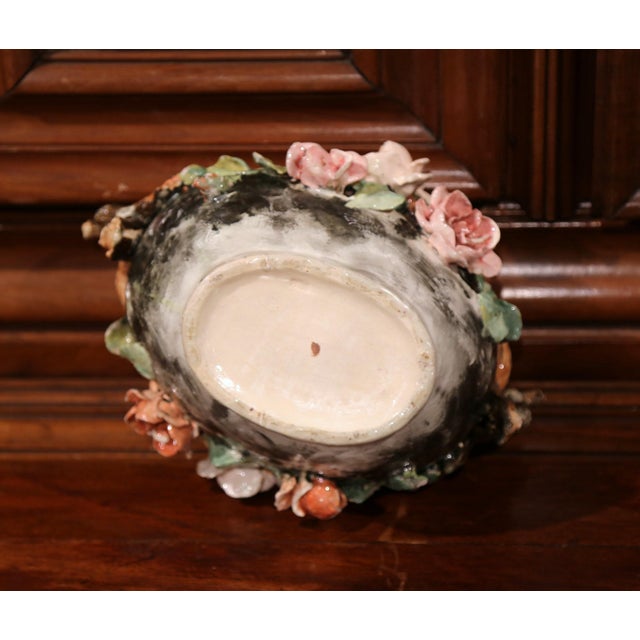 19th Century French Painted Ceramic Barbotine Jardinière With Floral Decor For Sale - Image 10 of 10