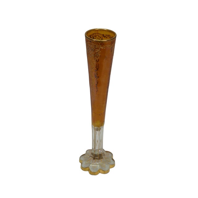Beautiful antique Moser Bohemian Czech amber glass / crystal trumpet vase. This rare collectible vase showcases a slender,...