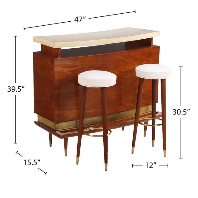 Mid Century Mahogany and Parchment Bar and Stool Set, Brass Details For Sale - Image 4 of 5