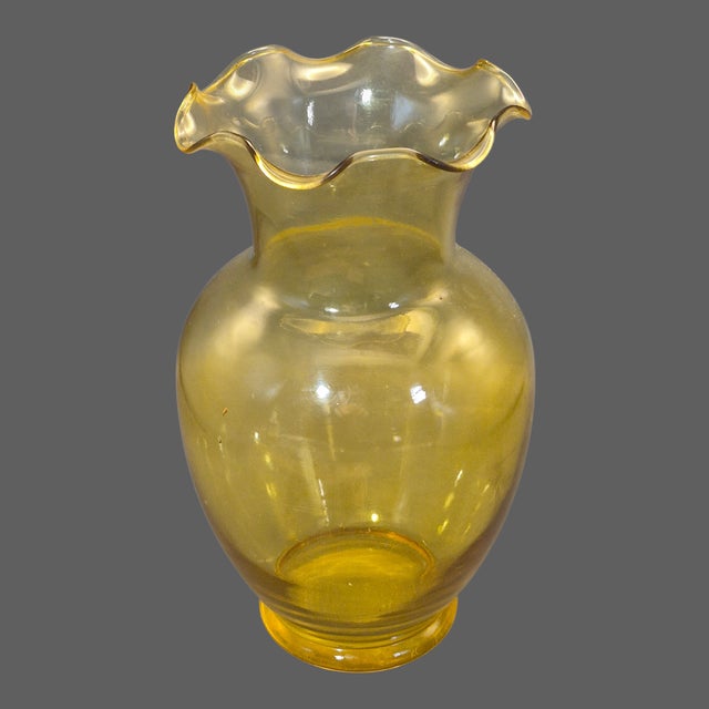 Mid-Century Modern Vintage Amber Yellow Hand Blown Glass Ruffled Rim Vase 10.5'' Tall For Sale - Image 3 of 7