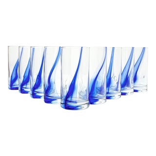 Set of 9 Cobalt Blue Swirl Highball Cooler Tumbler Glasses For Sale