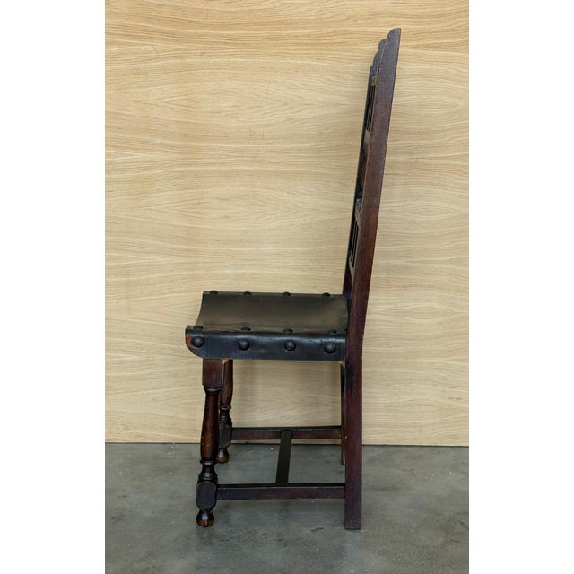 19th Set of Six Spanish Carved Chairs with Leather Seat and Back For Sale - Image 4 of 18