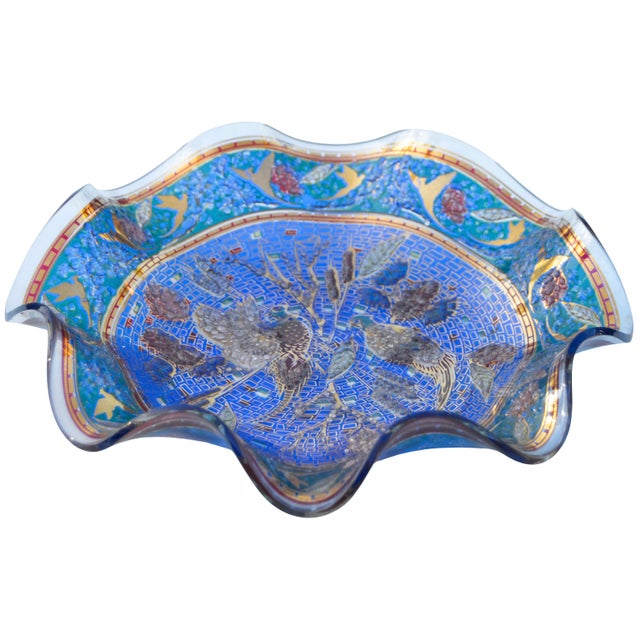 Gorgeous midcentury handblown art glass bowl exhibiting elegant ruffled edges in color green, elaborate hand-painted...