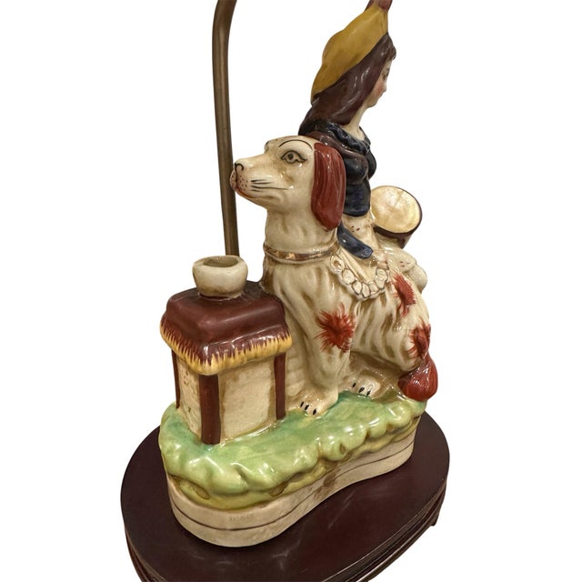 Wood Antique English Staffordshire Pottery Dog & Girl / Lady Figural Lamp With Ivory Silk String Shade. For Sale - Image 7 of 9