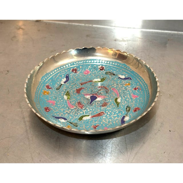 1960s-70s small silver/blue enameled bird-motif small ashtray, coaster or change tray. Excellent condition.