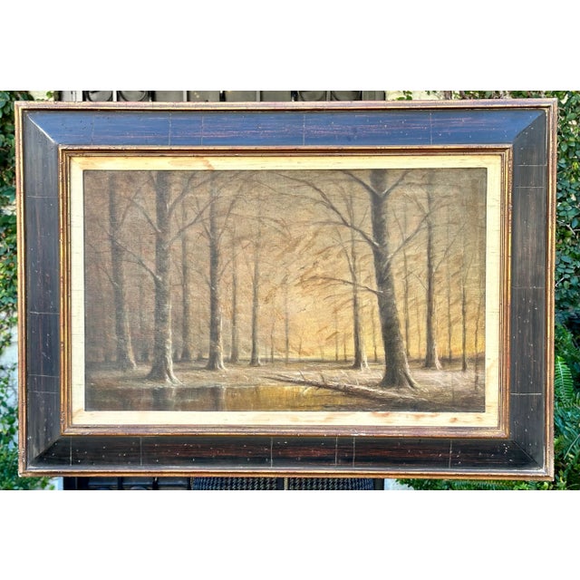 American School Landscape Oil Painting. It is extremely well painted and depicts a monochromatic forest screen with an...