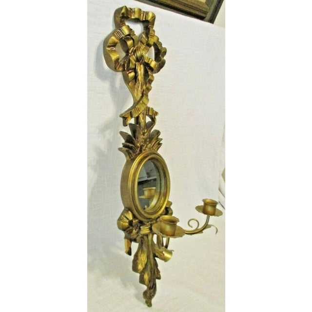Italian 1960s Vintage Italian Giltwood Bow Top Botanical Decor Mirror Two Candle Wall Sconce For Sale - Image 3 of 11