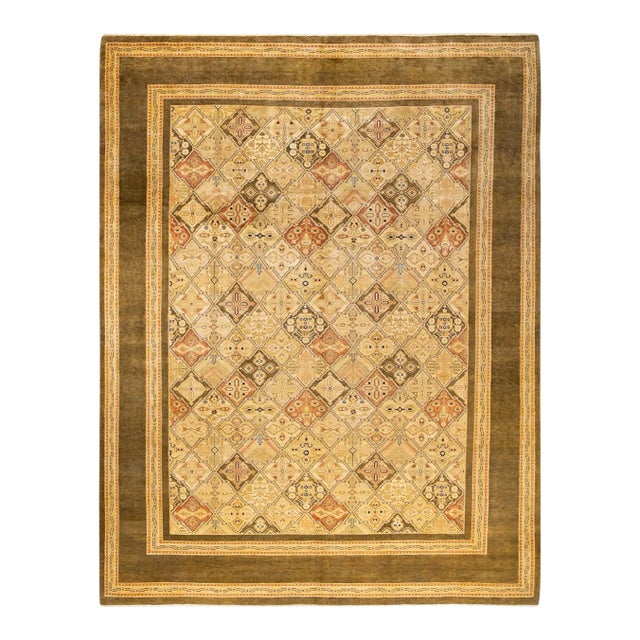 Eclectic, One-of-a-Kind Hand-Knotted Area Rug in Green, 10' 1" x 13' 9" For Sale