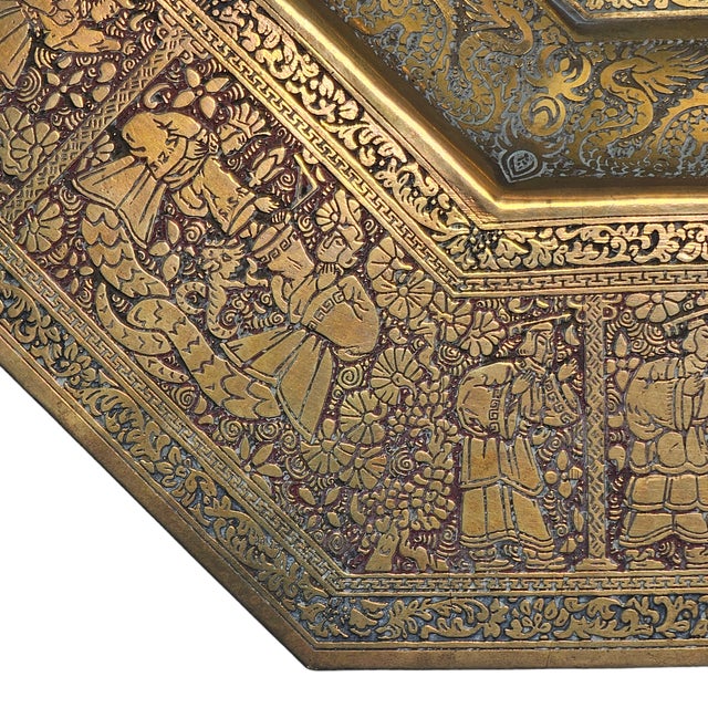 Gold Ornate Japanese Kinco Etched Brass Tray Hexagonal 17" For Sale - Image 8 of 11