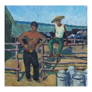 Soviet Collective Farm Oil Painting, Socialist Realism Art, 1970s 49,5-50 For Sale