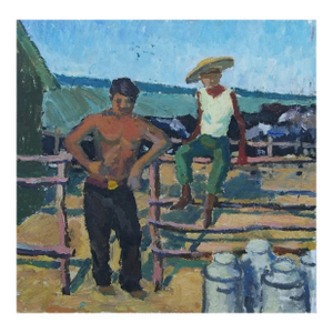 Soviet Collective Farm Oil Painting, Socialist Realism Art, 1970s 49,5-50
