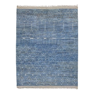 Modern Moroccan Indigo Blue Geometric Handmade Wool Rug 12x16 For Sale
