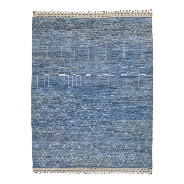 Modern Moroccan Indigo Blue Geometric Handmade Wool Rug 12x16 For Sale