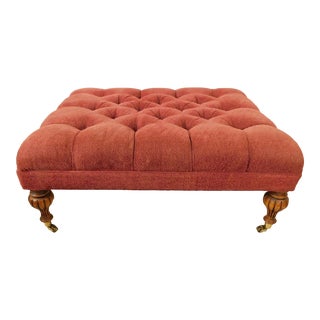 Large Burgundy Tufted Upholstered Brushed Cotton Ottoman Footstool Carved Wood Legs Gold Brass Wheels For Sale
