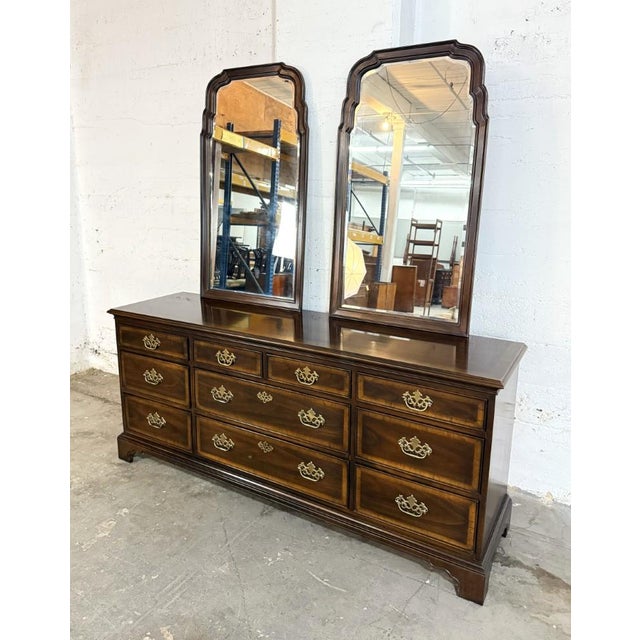 English Drexel 18th Century Collection Banded Dresser With Dual Mirrors For Sale - Image 3 of 17