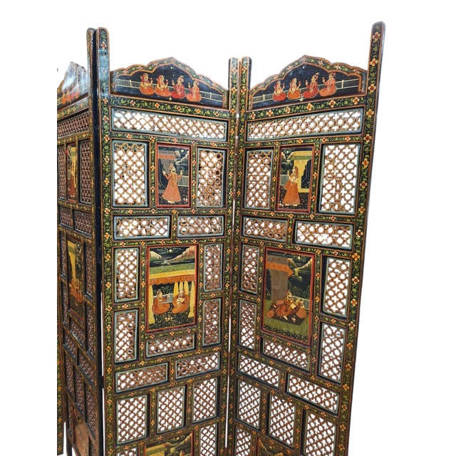 1940s Early 20th Century Indian Polychrome Four Panel Folding Screen For Sale - Image 5 of 12